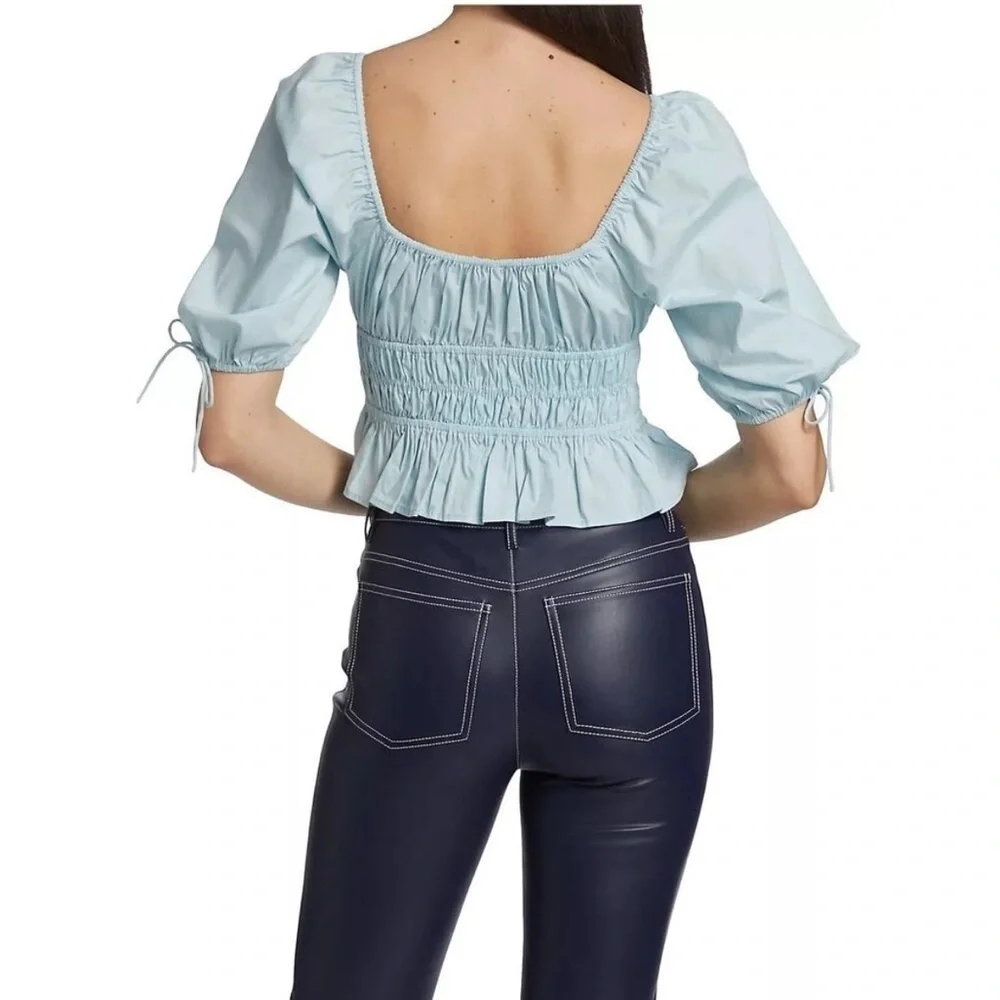 STAUD Faye Smocked Ruffle Blouse Top Winter Sky Blue 10